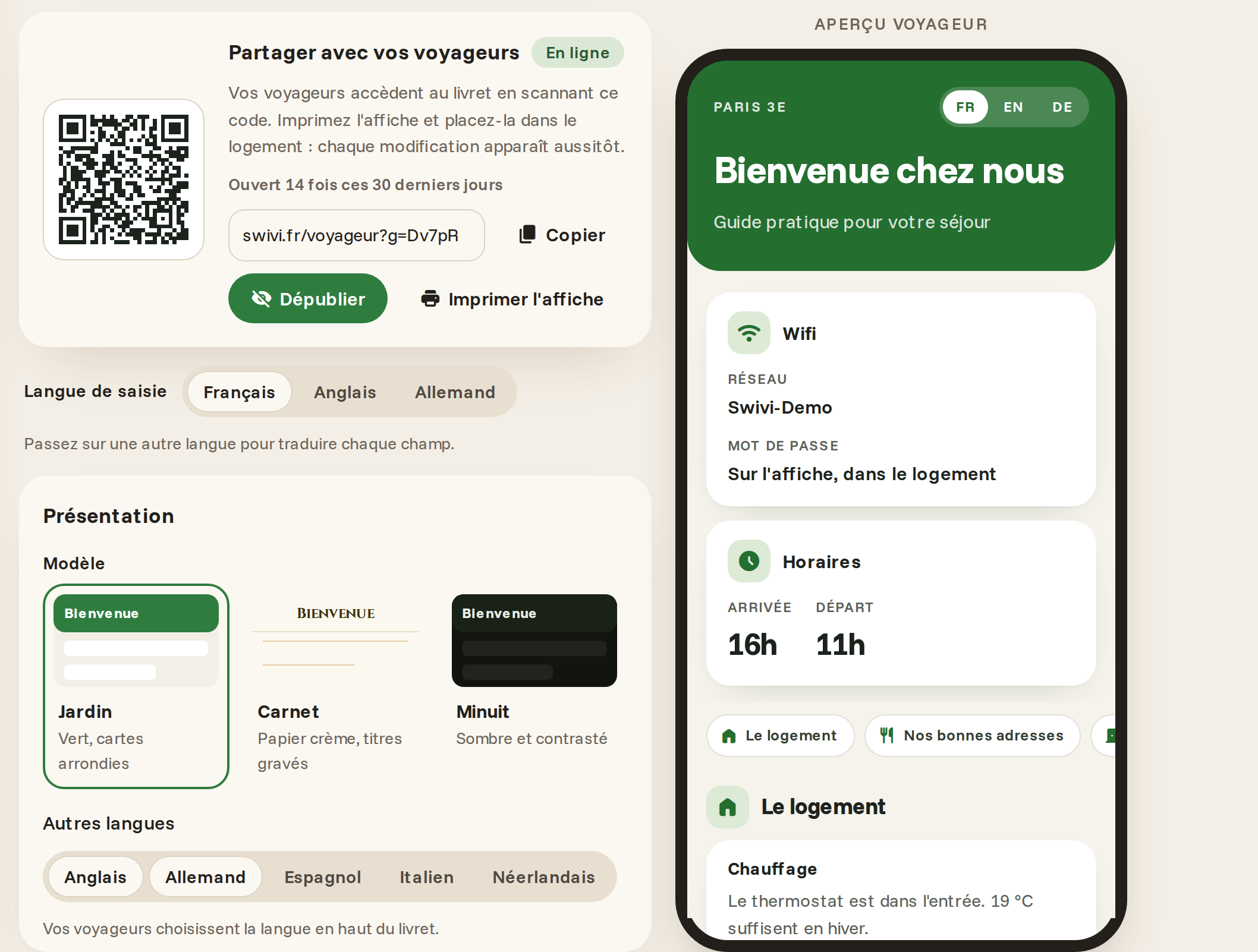 Éditeur du livret d'accueil de swivi : le QR code à partager avec les voyageurs, le choix de la langue et du modèle, et l'aperçu du livret sur un téléphone avec le titre, le wifi, les horaires et les rubriques.